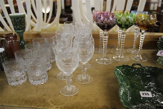 6 coloured hock glasses and other glassware